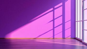 A vibrant purple room is brightly lit with sunshine and shadows. A window adds to the modern, simple aesthetic. An inviting space. photo