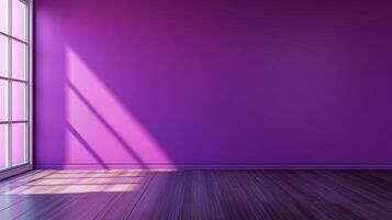 A room painted in a vivid purple hue, the wooden floorboards adding warmth, a window casting angular shadows across the wall and floor. photo