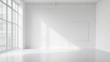 A bright, spacious, minimalist room with large windows casting light across an empty floor. A blank canvas hangs on the white wall. photo