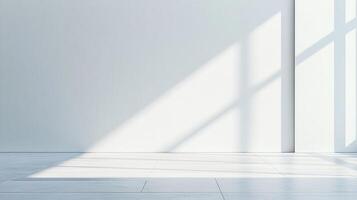 Sunlight streams across a minimalist, empty white room with tiled flooring, casting shadows and creating bright, modern architecture. photo