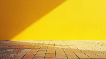 Sunlit yellow wall and tiled floor creating a vibrant and inviting architectural space with unique lighting patterns. photo