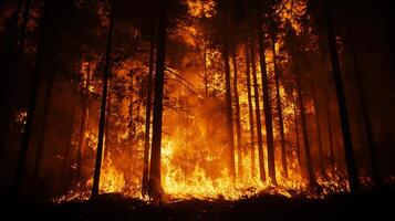 Forest fire engulfing the trees, a vivid display of nature's fury, leaves behind a trail of devastation and ecological impact. photo