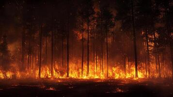 Raging wildfire consumes a forest, flames engulfing trees and undergrowth, creating a scene of devastation and destruction. photo