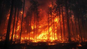 Forest ablaze with intense flames, towering trees engulfed in fire, creating a dramatic and devastating scene of natural disaster. photo