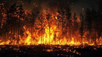 Intense flames engulf a forest, creating a vivid and dramatic scene of destruction as wildfires blaze through a stand of tall trees. photo