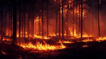 Forest ablaze with intense flames. Trees engulfed in fire, creating a dramatic scene of nature's power and potential destruction. photo