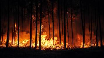 Raging wildfire consumes a forest, flames illuminating tall trees against the night sky. An inferno of destruction spreads rapidly. photo