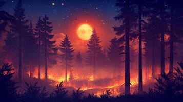 Forest fire glows under the moonlight, turning the night sky a shade of red and creating an ominous yet captivating scene. photo