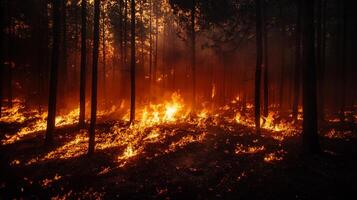Forest ablaze with intense flames, casting an eerie glow through the trees, showcasing nature's destructive power and highlighting danger. photo