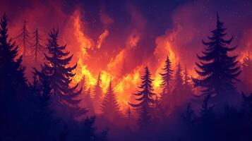 Forest engulfed in flames, silhouetted trees against a vibrant, fiery backdrop under a starry night sky, an illustration of nature's intensity. photo