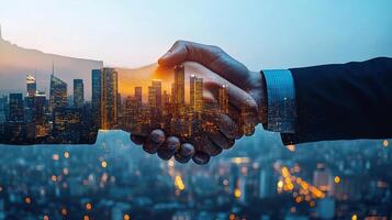 A symbolic handshake over a cityscape, suggesting a merger or partnership with urban expansion and development, bright and colorful. photo