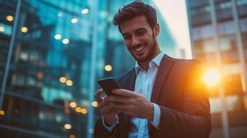 Smiling businessman using smartphone in city. Modern buildings and sunlight create a vibrant backdrop for his digital interactions. photo