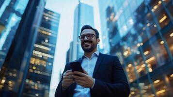 Smiling businessman in city setting using smartphone, illuminated glass buildings in the background. Modern professional communication. photo