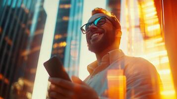 Smiling man using a smartphone outdoors in the city, with a vibrant cityscape and golden light creating a sense of optimism and success. photo