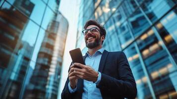 Smiling businessman using smartphone in urban setting. Modern architecture backdrop. Success and technology concept. photo
