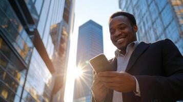Smiling man using phone against city backdrop with bright sunlight, conveying positivity and modern connectivity in urban environment photo