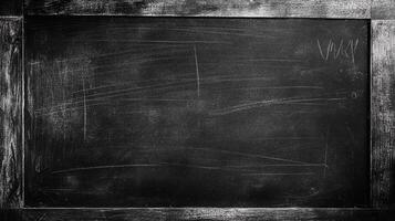 A dark, worn chalkboard with a rustic wooden frame, displaying residual chalk marks. The surface hints at past lessons and creative expression. photo