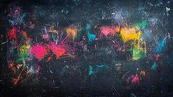 Abstract artwork featuring bold, vibrant splashes of color against a dark, textured background, creating a dynamic visual experience. photo