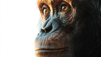 Intimate portrait of a chimpanzee's face, highlighting the texture of its skin and its expressive eyes against a bright, neutral backdrop. photo