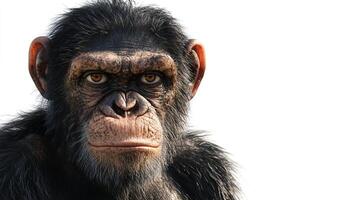 Close-up of a chimpanzee's face, showcasing its detailed features and expressive eyes, set against a bright, neutral background. photo