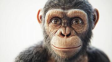A realistic portrait of a chimpanzee, with its expressive eyes and detailed fur, showcasing the intricate details of the primate's face. photo