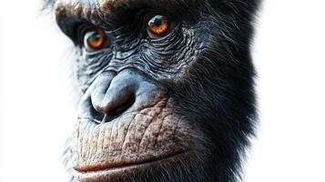 Close-up portrait of a chimpanzee displaying intricate facial details and a thoughtful, human-like gaze against a stark white backdrop. photo