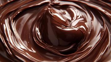 A close-up shot showcases the rich, glossy texture of melted chocolate, its swirls and depths creating a visually delicious abstract pattern. photo