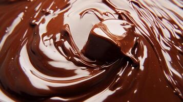 Decadent molten confection creates a rich and glossy swirl, enticing with its dark chocolate tones and smooth, flowing texture. photo