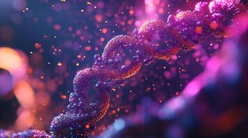 Abstract DNA strand with vibrant, colorful bokeh. Molecular structure representation of genetics and biology in abstract form. photo