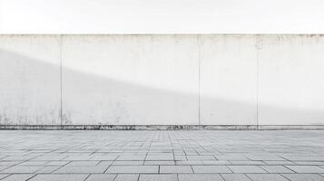 Minimalist concrete wall and brick floor backdrop featuring a pristine white surface with subtle textures and an angular shadow. photo