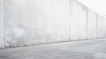 Minimalist scene with a weathered concrete wall and a tiled ground creating a simple, industrial backdrop. The gray tones dominate. photo