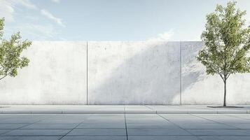 Concrete wall backdrop with trees under a bright sky, offering a minimalist yet refreshing urban space feel, ideal for background use. photo