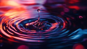 A captivating image of a water droplet creating ripples, highlighted with vibrant red and blue lighting, showcasing liquid motion. photo