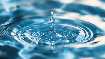 Captivating water drop collision, creating ripples in a serene blue liquid, highlighting the beauty of fluid dynamics in motion. photo