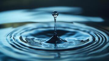 A water droplet splashes into a serene blue pool, creating ripples that spread across the surface. The impact is captured in high detail. photo