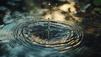 A drop of water creates ripples in a pool, the impact freezes in time as it disturbs the surface of the water in a concentric pattern. photo