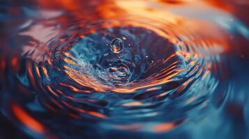 Water drop creating ripples in water. Reflection of blue and orange lights add drama to the water texture. Abstract splash. Bubbles. photo