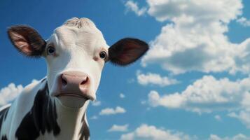 A curious cow with a black and white hide is seen against a backdrop of a serene blue sky dotted with fluffy white clouds. photo