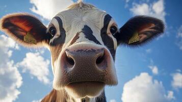 Close-up of a cow's face against a bright blue sky with fluffy white clouds. The cow is black and white, and its eyes are open. photo