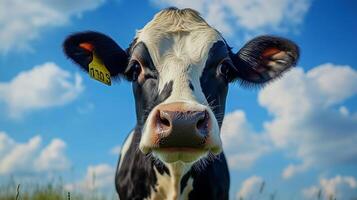 Close-up portrait of a black and white cow with a curious expression, set against a sunny sky with fluffy white clouds. photo