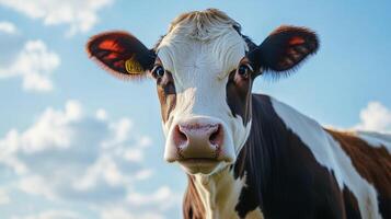 Cow portrait against a blue sky, showcasing its white and brown patches. The cow's serene gaze adds to the pastoral scene's charm. photo