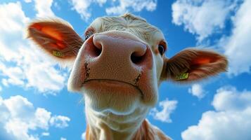 Close-up of a curious cow against a vibrant blue sky dotted with fluffy white clouds, showcasing its unique features and gentle nature. photo