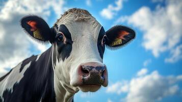 Close-up of a black and white cow, showcasing its unique markings and features against a bright sky filled with fluffy clouds. photo