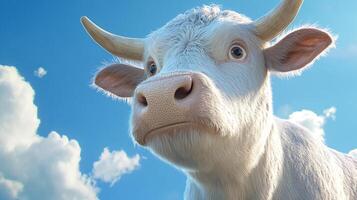 Close-up of a white cow against a blue sky with fluffy clouds, capturing its gentle expression and detailed features in a bright, airy setting. photo