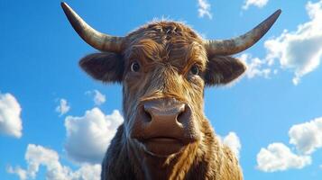 A striking, close-up portrait of a brown bull with large horns against a vibrant blue sky filled with fluffy clouds, capturing its essence. photo