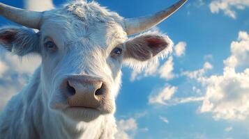 A close up shot of a white cow against a bright blue sky, showcasing a beautiful contrast and animal portrait, horns, eyes, nose, clouds photo