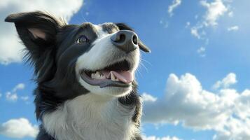 Close-up of a cheerful black and white dog with its mouth open, tongue out, and happy expression under a sunny sky with fluffy clouds. photo