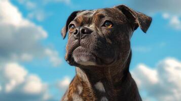 A brindle-coated dog gazes upwards against a bright blue sky dotted with fluffy white clouds, radiating serenity and hopeful anticipation. photo