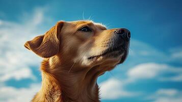 Golden dog looking up at a bright blue sky, full of hope, optimism, and excitement for what adventure awaits it in the future. photo