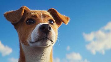 A close-up of a brown and white dog looking up at the sky with clouds in the background. The dog has a thoughtful expression. photo